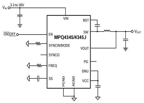 Application Circuit Diagram - Monolithic Power Systems (MPS) MPQ4345 AEC-Q100 Synchronous Step-Down Converters